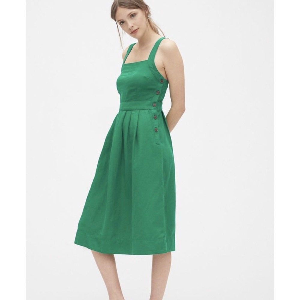 Gap Womens Green Linen Blend Button‎ Midi Apron Dress Square Neck Cross Back 16